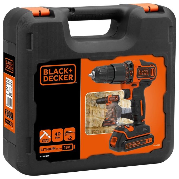 Black+Decker Trapano-Avvitatore a Percussione con Doppia Batteria 18V Litio 1.5Ah in Valigetta