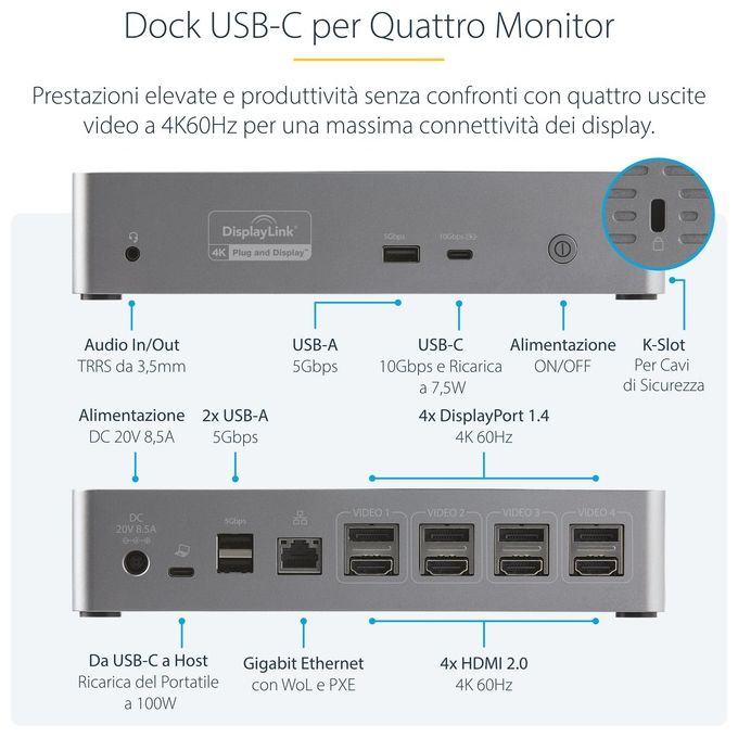 StarTech DK31C4DPPDUE Docking Station USB-C per Quad Monitor 4K 60Hz con Power Delivery 100W 4x HDMI 4x DisplayPort USB 3.2 Gen 2 Ethernet Gigabit colore Nero