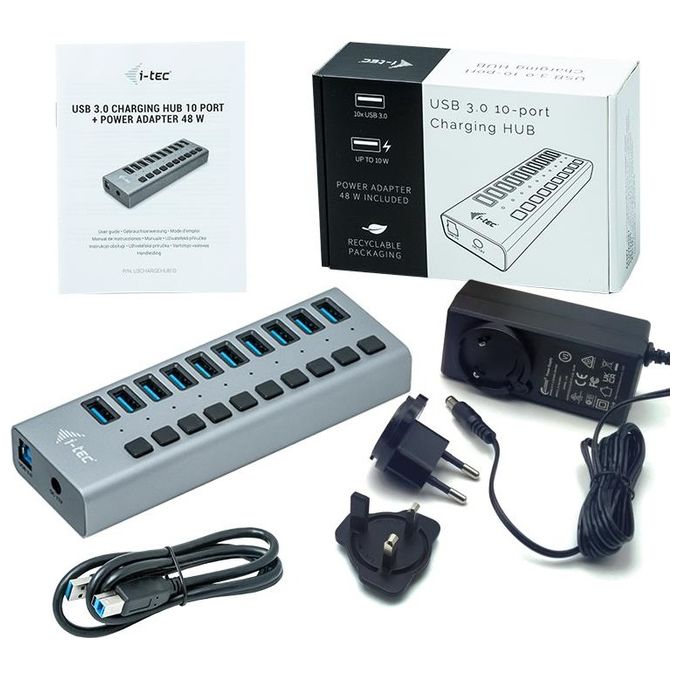 I-tec U3CHARGEHUB10 Hub USB 3.0 10 Porte Ricarica Rapida 48W PlugandPlay Alluminio colore Grigio