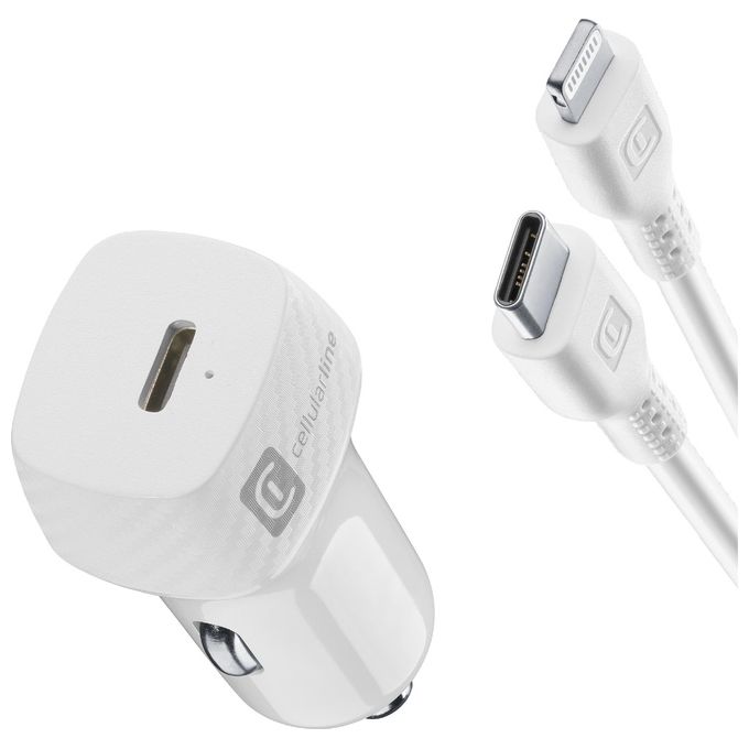 Cellularline KITC2LMFI20W Caricabatterie da Auto USB-C 20W Power Delivery con Cavo USB-C Lightning iPhone 8 e successivi colore Bianco