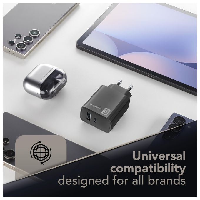 Cellularline ACHUSB2PD32WK MULTIPOWER PD 32W Caricabatterie da Rete con USB-C 20W e USB-A 12W colore Nero