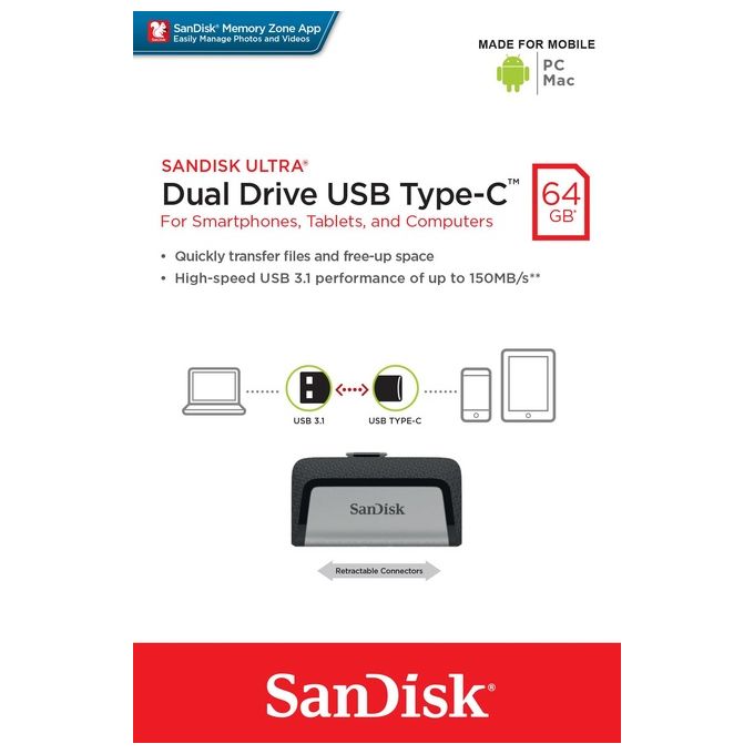Sandisk Ultra Dual Usb Drive Type-C 64Gb Usb 3.1 Type C Nero-Argento