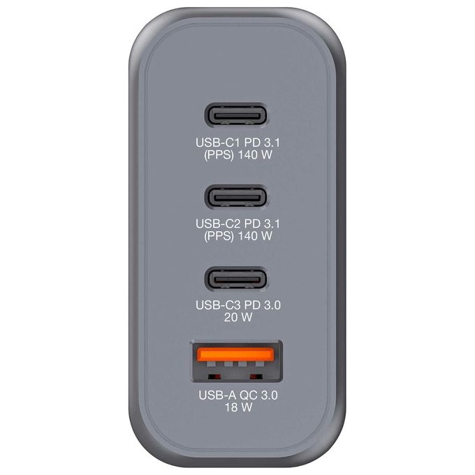 Verbatim 32203 GNC-140 Caricatore Universale Interno 140 W con 3 Porte USB-C GaN Tecnologia Ricarica Rapida PD 3.1 PPS Quick Charge 3.0 colore Nero Grigio