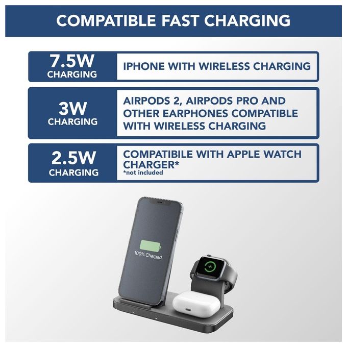 Cellularline WIRELESS3IN1IPHK Trio Wireless Charger Supporto di Ricarica Wireless 3in1 per iPhone Apple Watch AirPods 7.5W colore Nero