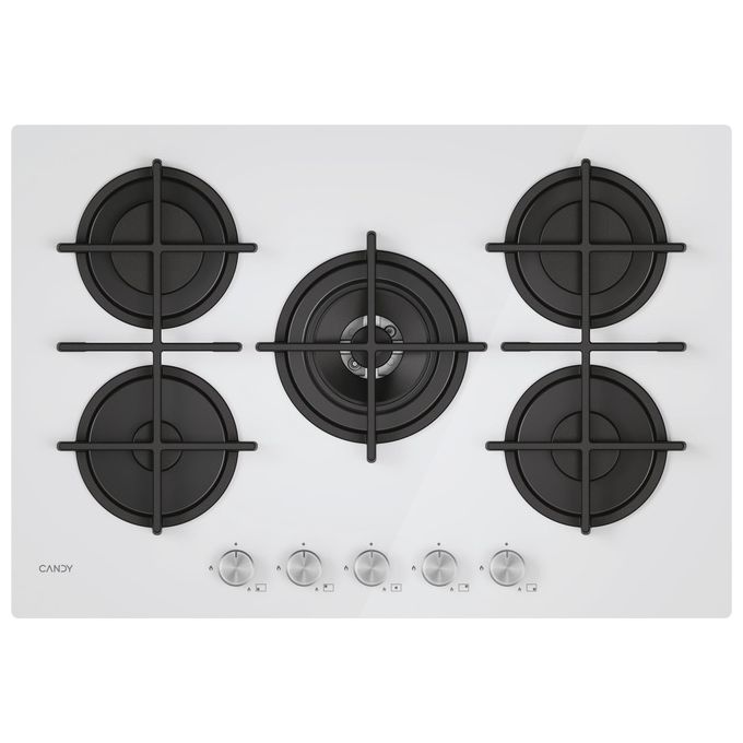 Candy CVG74WTW Moderna Piano cottura Gas 74.5 cm 5 fuochi Vetro temperato Wok 4000 W colore Bianco