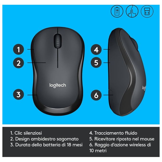 Logitech M220 Mouse Wireless, Pulsanti Silenziosi, 1000 DPI Ambidestro PC-Mac-Laptop, Grigio