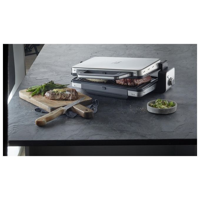 WMF 0415110011 Lono Griglia a Contatto 2 in 1 2100 W Piastra Antiaderente Rimovibile con Vassoio Raccogligocce colore Nero Acciaio inox