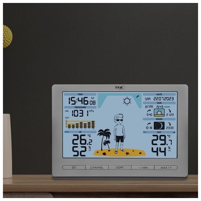 TFA-Dostmann 35.1097.54 Meteo Jack Stazione Meteo Wireless Display Colori Previsioni 12-24h Temperatura Umidita' Pressione Fasi Lunari colore Argento