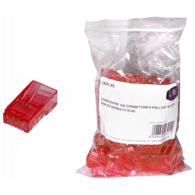 Link Confezione 100 Connettori 8 Poli Cat 5e Utp non Schermato Rj45 Rosso
