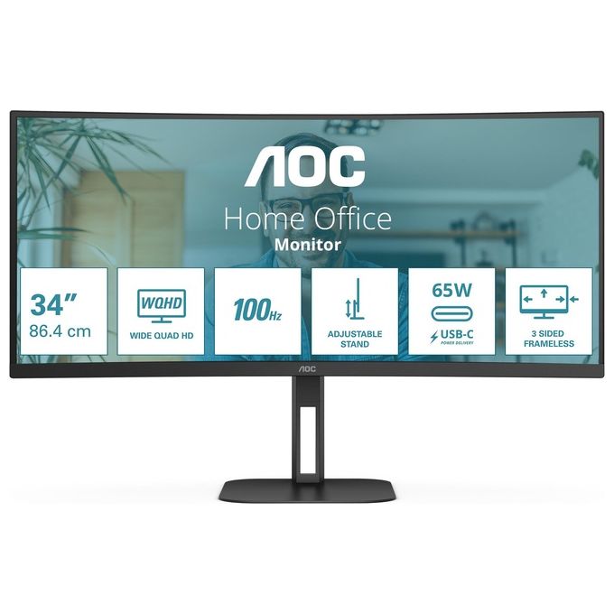 AOC CU34V5C-BK Monitor PC 34'' WQHD 3440x1440 LED VA Curvo 100Hz FreeSync USB-C 65W Altoparlanti 10W Regolabile Altezza VESA colore Nero