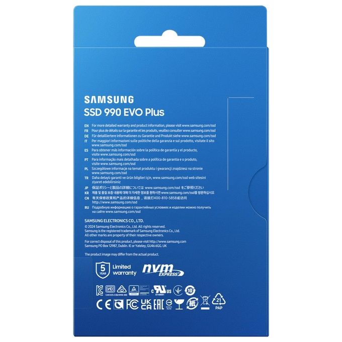 Samsung MZ-V9S1T0BW 990 EVO Plus SSD Interno M.2 1TB NVMe 2.0 PCIe 4.0 x4 5.0 x2 V-NAND TLC 7250 MB-s colore Nero