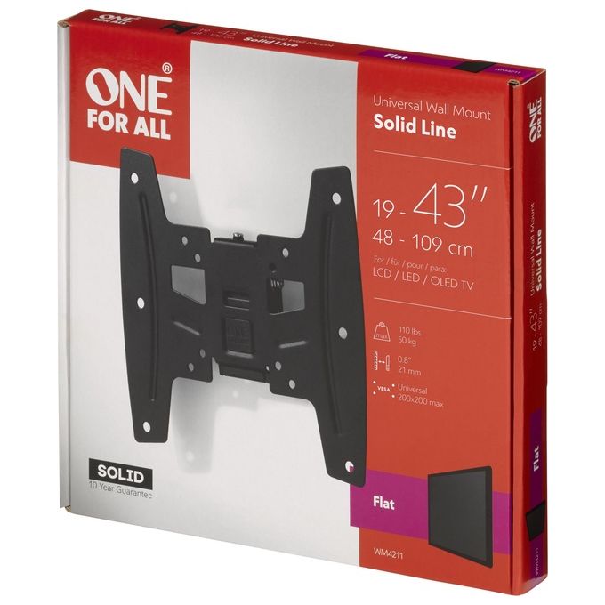 One For All WM4211 Supporto da Parete per Tv Montaggio a Muro Fisso Dimensioni Schermo 19-42'' Massimo Peso 50kg Nero