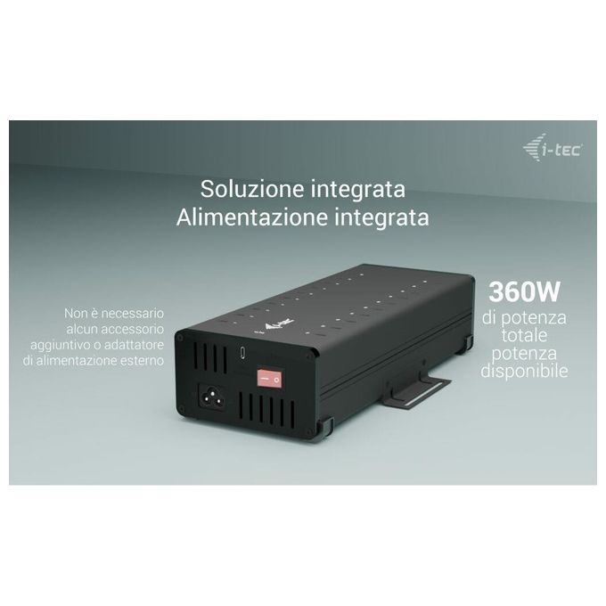 I-tec CACHRGHUB20C Hub USB 20 Porte USB-C Ricarica Rapida 15W per Porta 300W Totali Dati 5 Gbps colore Nero