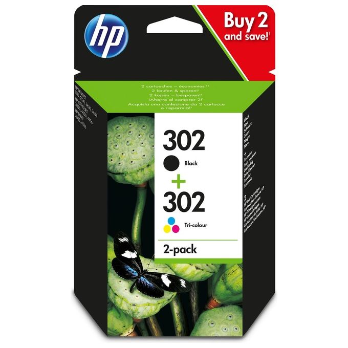 HP 302 X4D37AE Confezione da 2 cartucce d'inchiostro Originali, Compatibili con DeskJet 1110, 2130, 3630, OfficeJet 3830 e 4650, Envy 4520, Nero e Tricromia