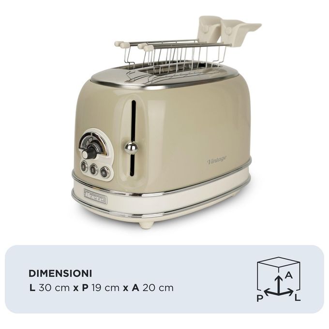 Ariete 155 Tostapane Vintage Beige 2 Fette con Pinze 6 Livelli di Tostatura 810W Corpo Acciaio Inossidabile Vassoio Raccoglibriciole Estraibile