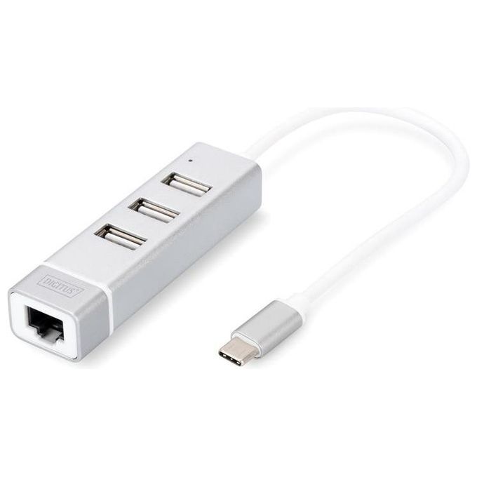 Digitus hub usb 3.0 con 3 porte usb 3.0 tipo a e 1 porta rete rj45, connettore maschio tipo c