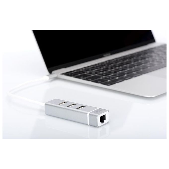 Digitus hub usb 3.0 con 3 porte usb 3.0 tipo a e 1 porta rete rj45, connettore maschio tipo c