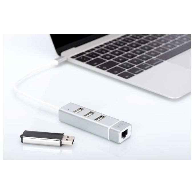 Digitus hub usb 3.0 con 3 porte usb 3.0 tipo a e 1 porta rete rj45, connettore maschio tipo c