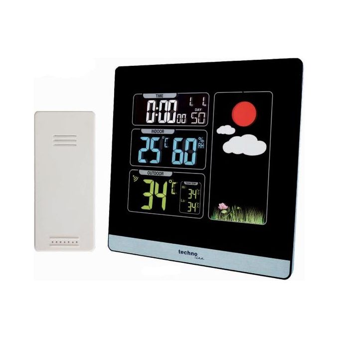 Technoline WS6448 Stazione meteorologica con display a colori retroilluminato termometro igrometro orologio radiocontrollato DCF calendario perpetuo allarme snooze previsioni meteo colore Nero