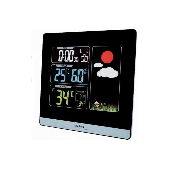 Technoline WS6448 Stazione meteorologica con display a colori retroilluminato termometro igrometro orologio radiocontrollato DCF calendario perpetuo allarme snooze previsioni meteo colore Nero