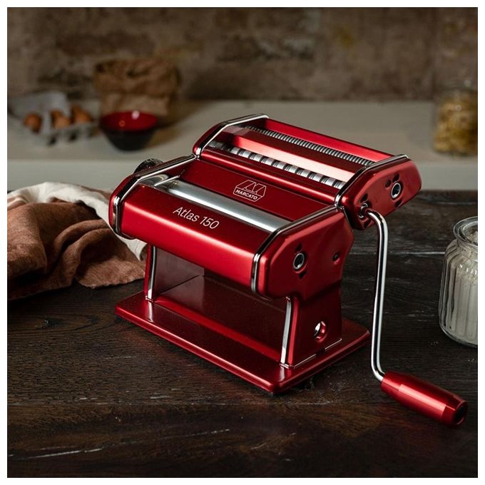 MARCATO AT-150-RSO-PW Atlas 150 Macchina per Pasta Manuale con 10 Regolazioni di Spessore e Accessorio Pasta-Wheel Rosso colore Rosso