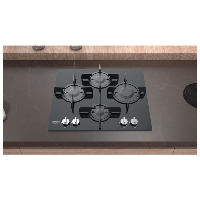 Hotpoint Ariston FTGHG 641 D-HA(BK) Piano Cottura a Gas in Vetro Temperato 4 Fuochi Griglie in Ghisa 60 cm Nero