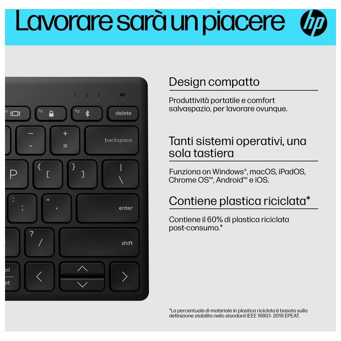 HP 692S9AA 355 Tastiera Bluetooth Multi-Dispositivo Compatta Wireless Bluetooth 5.2 Multi-Device 12 Tasti Rapidi colore Nero