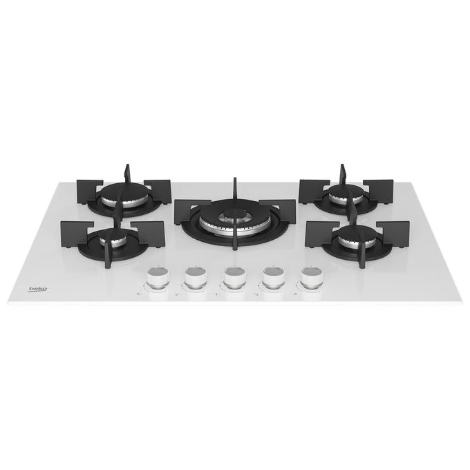 BEKO HILW75222SW Piano Cottura a Gas in Vetroceramica 5 Fuochi 1 Bruciatore Wok Griglia in Ghisa 75 cm Bianco