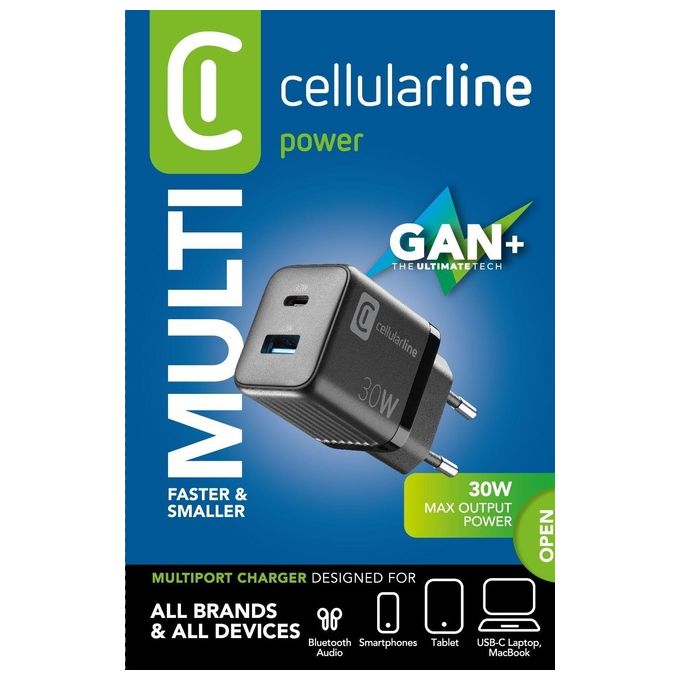 Cellularline ACHUSBGAN2PD30WK Multipower Micro Caricabatterie da Rete 2 Porte USB-C GaN 30W Super Fast Charging colore Nero