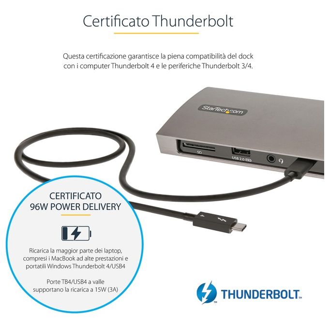 StarTech.com TB4CDOCKUE Docking Station Thunderbolt 4 Power Delivery 96W Dual Monitor 4K 60Hz Single Monitor 8K 3x Thunderbolt 4 4x USB-A SD GbE colore Nero Grigio