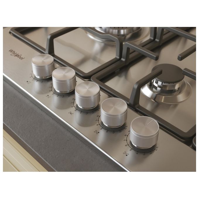Whirlpool KGML761IX Piano cottura a gas 75 cm 5 fuochi MultiLevel Flame griglie in ghisa colore Acciaio Inox