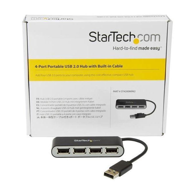 Startech Hub USB 2.0 portatile a 4 porte con cavo integrato - Perno e Concentratore USB compatto - Mini Hub USB2.0