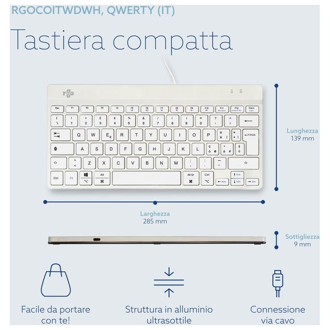 R-Go Tools RGOCOITWDWH Tastiera Ergonomica Compact Break Mini USB QWERTY IT con Software Break colore Bianco