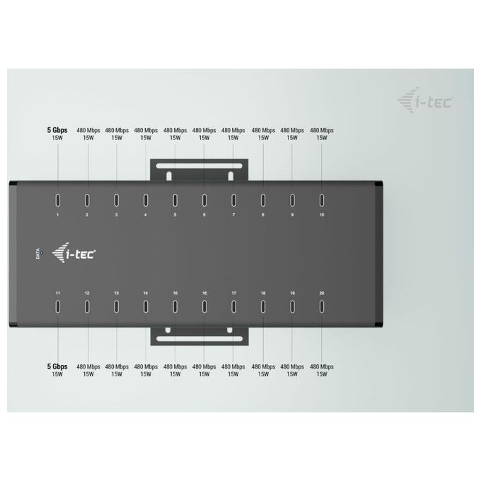 I-tec CACHRGHUB20C Hub USB 20 Porte USB-C Ricarica Rapida 15W per Porta 300W Totali Dati 5 Gbps colore Nero