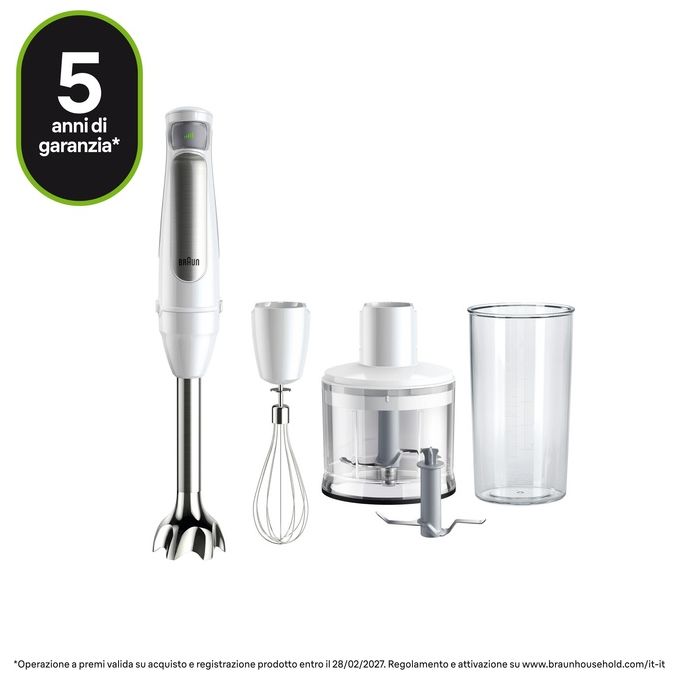 Braun MQ7035IW MultiQuick 7 Frullatore ad immersione 1000W PowerBell Vplus tritatutto 0,5L bicchiere 0,6L frusta colore Bianco