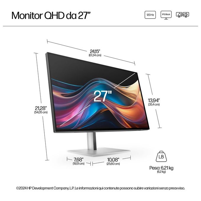 HP 8J4D8UT#ABB Serie 7 Pro Monitor LED 27'' QHD 2560x1440 IPS 75 Hz 5 ms HDR400 USB-C Hub Integrato VESA colore Nero