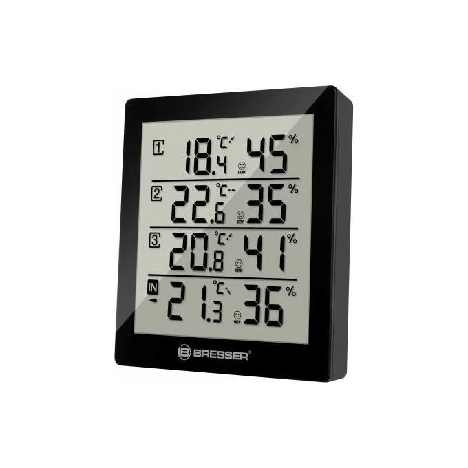 Bresser Temeo Hygro Quadro Termometro e Igrometro per 4 Punti di Misura Nero 10,4x2,5x12cm