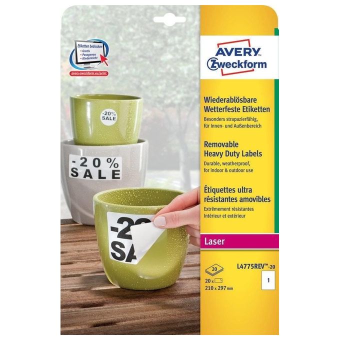 AVERY Etichette Extra Resistenti in Poliestere  Rimovibili  - Stampanti     Laser - 210 x 297mm  20ff