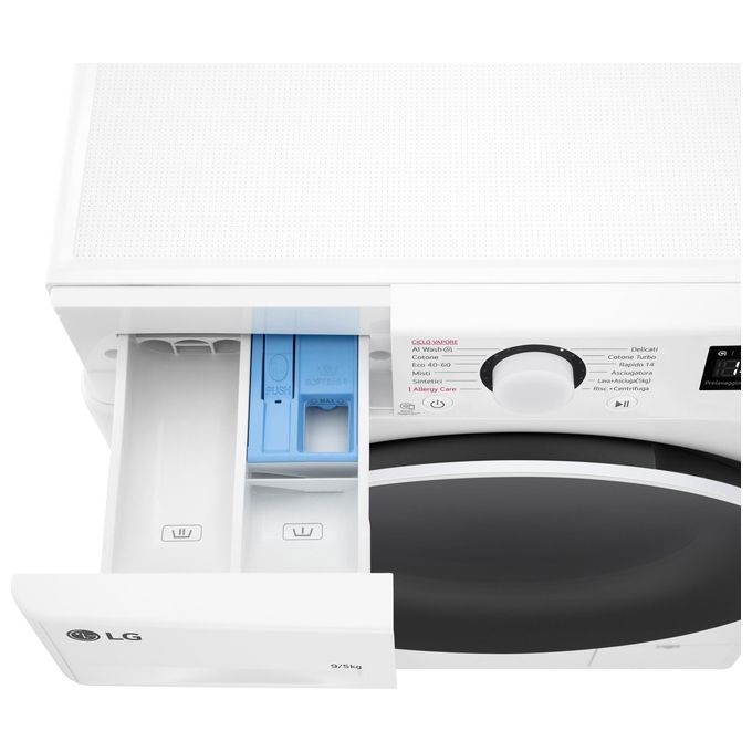 LG D2R5S09TSWW Lavasciuga Slim 9-5 Kg 1160 rpm Classe E AI DD TurboWash 360 Vapore Allergy Care (85x60x47,5 cm) colore Bianco