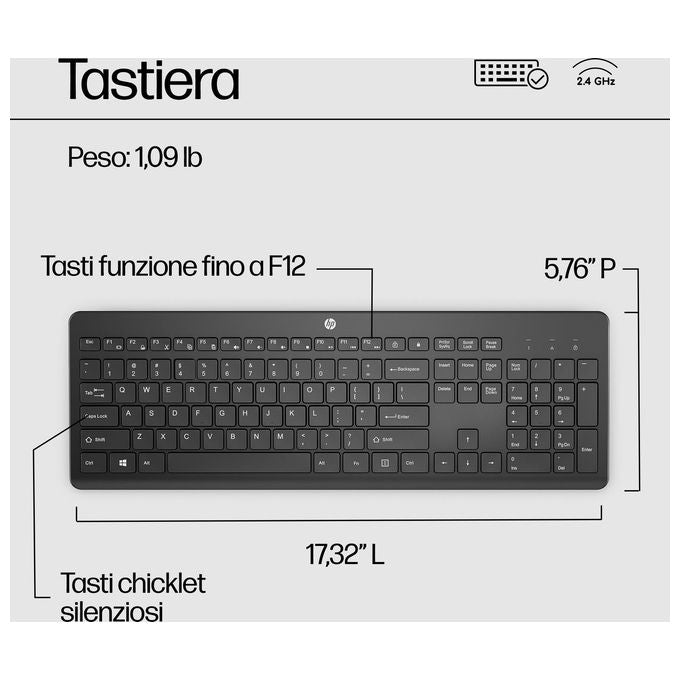 HP 3L1E7AA Tastiera Wireless Full-size RF 2.4 GHz Layout Italiano Tastiera a Isola colore Nero