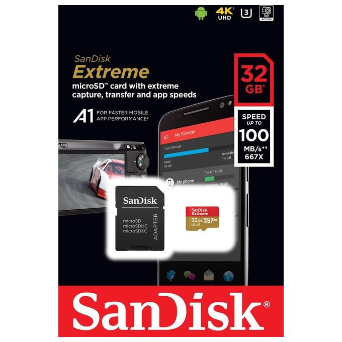 SanDisk Extreme 32 GB microSDHC + SD Adapter Up to 100 MB-s, Class 10, UHS-I, U3, V30