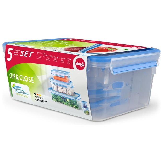 Emsa Food ClipandClose Contenitore Salvafreschezza Trasparente-Azzurro Set 5 Pezzi