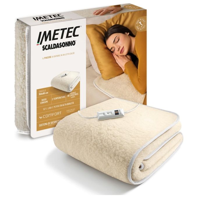 Imetec 16799B Comfort Scaldasonno Singolo 80x150 cm 50% Lana e Merino 2 Temperature ElectroBlock colore Naturale