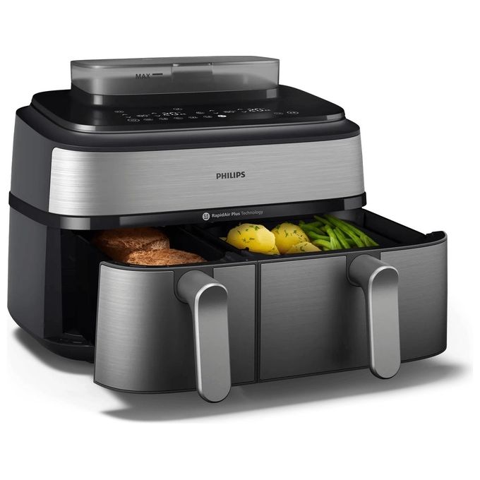 Philips NA555-00 Serie 5000 Friggitrice ad aria 9L 2750W Doppio Cestello 19 Programmi Cottura a Vapore colore Argento