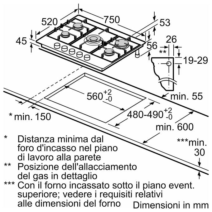 Bosch PGQ7B5K90 Serie 4 Piano cottura a gas 75 cm 5 fuochi Bruciatore Wok 3300 W Griglie in ghisa colore Inox