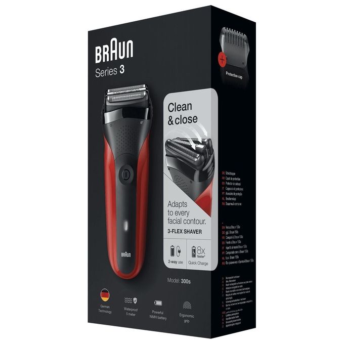 Braun 300S Series 3 Rasoio elettrico a lamina secco 3 testine ricarica rapida 5 min colore Rosso