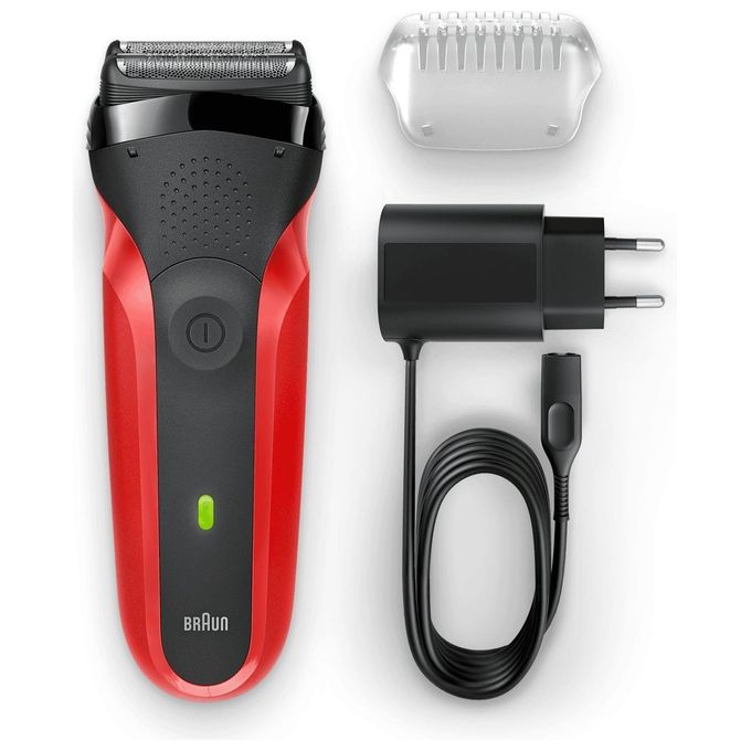 Braun 300S Series 3 Rasoio elettrico a lamina secco 3 testine ricarica rapida 5 min colore Rosso