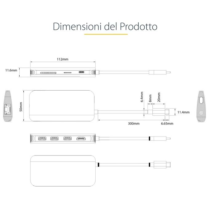StarTech 115B-USBC-MULTIPORT Hub USB-C 8in1 HDMI 4K 60Hz 3x USB-A 5Gbps GbE SD MicroSD PD 100W cavo 30cm colore Grigio