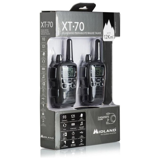 Midland, Ricetrasmittente XT70, PMR446, 24 Canali, Display LCD, Nero e Grigio