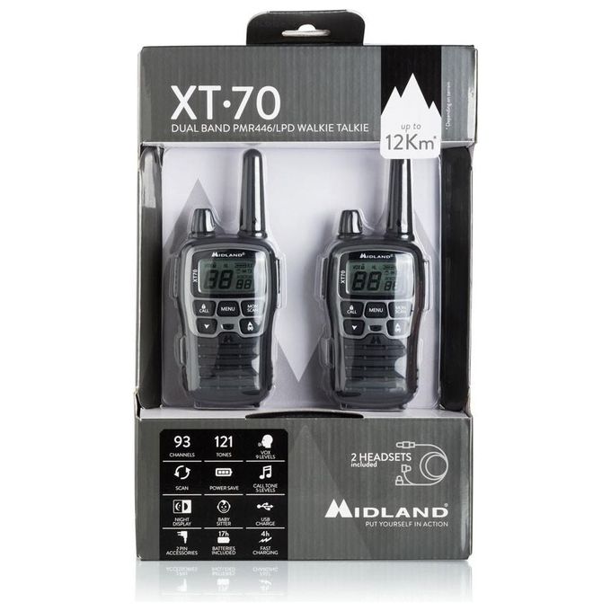 Midland, Ricetrasmittente XT70, PMR446, 24 Canali, Display LCD, Nero e Grigio